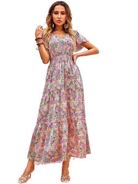 allover paisley print ruffle hem dress u0aw#, Black;gray