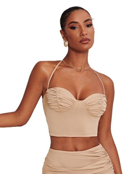 ruched bust tied backless crop halter o9pp#, White