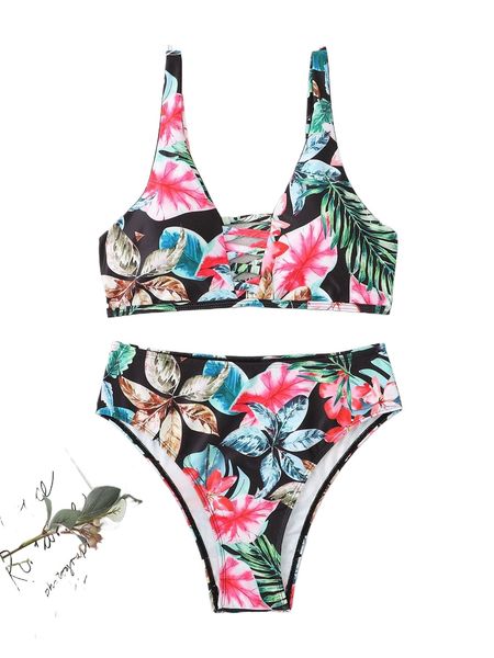 plant print cross bikini swimsuit f7xc#, White;black 
plant print cross bikini swimsuit f7xc#, White;black