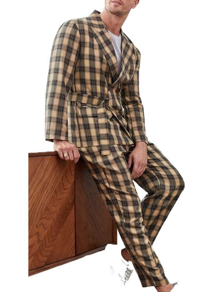 men plaid buckle detail double breasted blazer & suit pants without tee 980d#, White;black
men plaid buckle detail double breasted blazer & suit pants without tee 980d#, White;black