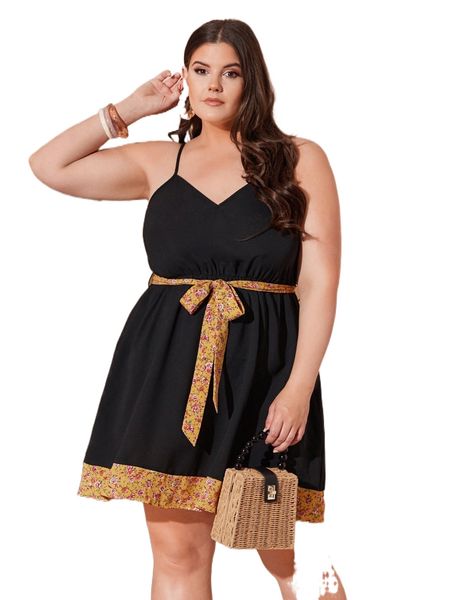 plus ditsy floral belted cami dress y698#, Black
plus ditsy floral belted cami dress y698#, Black