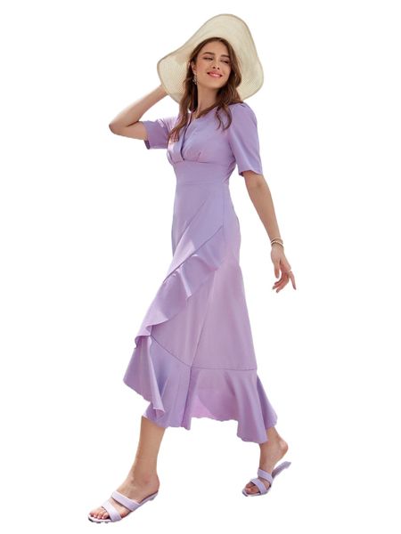 solid puff sleeve ruffle trim asymmetrical hem dress q153#, Black;gray
solid puff sleeve ruffle trim asymmetrical hem dress q153#, Black;gray