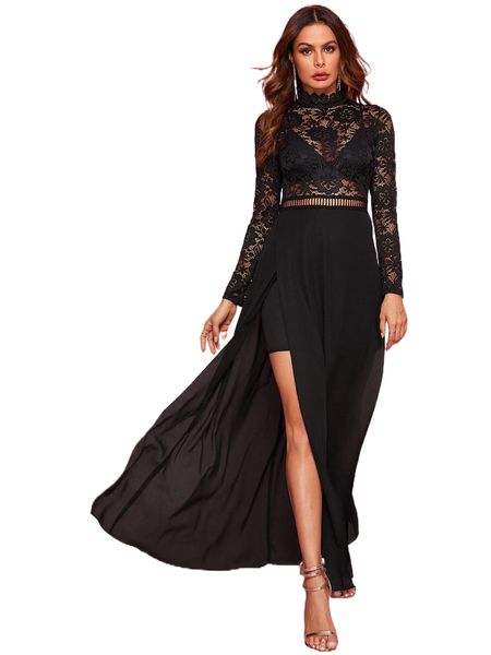 zip back split thigh sheer lace dress without bra q834#, Black;gray