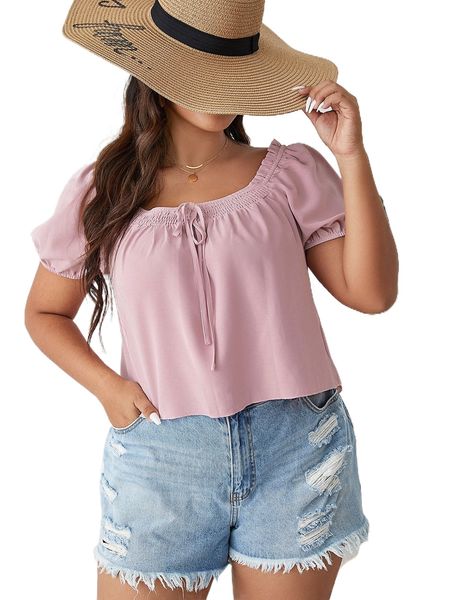plus puff sleeve shirred knot front blouse j6m9#, Black