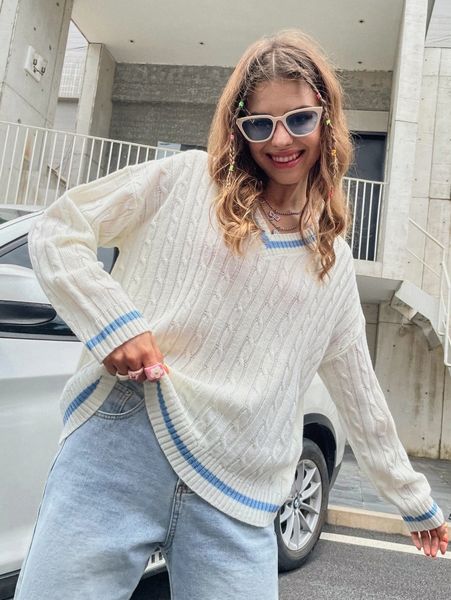 contrast binding cable knit sweater y3ky#, White;black
contrast binding cable knit sweater y3ky#, White;black