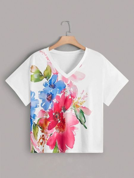 plus floral print tee i7t5#, Black