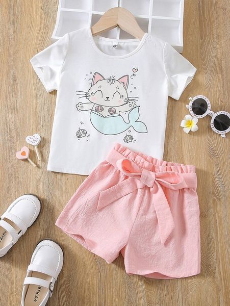 toddler girls cartoon graphic tee & paperbag waist belted shorts she, White 
toddler girls cartoon graphic tee & paperbag waist belted shorts she, White