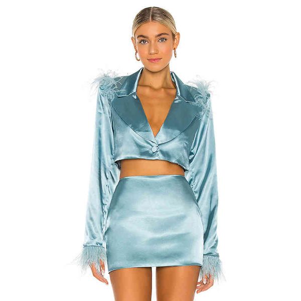 women's two piece pants long sleeve feather short blue small suit women's autumn fashion, White
women's two piece pants long sleeve feather short blue small suit women's autumn fashion, White