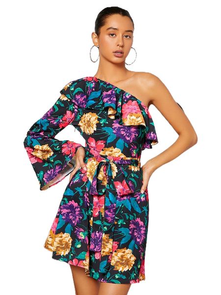 floral print one shoulder flounce sleeve ruffle trim belted dress p0ax#, Black;gray 
floral print one shoulder flounce sleeve ruffle trim belted dress p0ax#, Black;gray