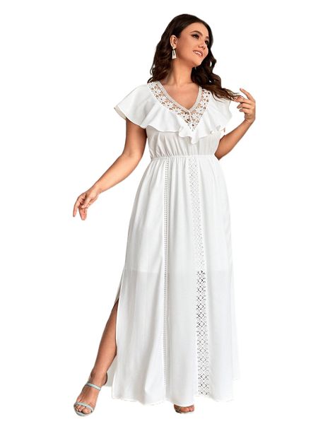 plus contrast lace ruffle trim split hem dress 91xa#, Black
plus contrast lace ruffle trim split hem dress 91xa#, Black