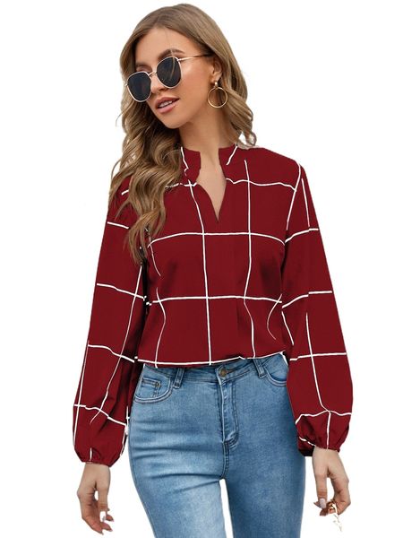 windowpane plaid notched neck blouse j2we#, White
windowpane plaid notched neck blouse j2we#, White