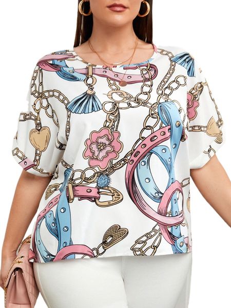 plus chain print dolman sleeve blouse p3ki#, Black