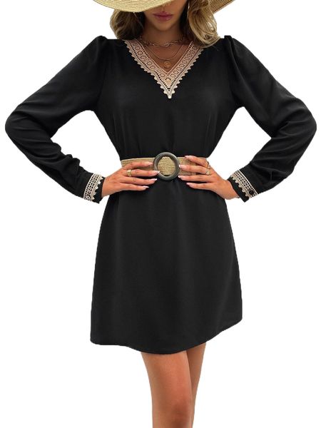contrast guipure lace puff sleeve tunic dress without belt 90sb#, Black;gray