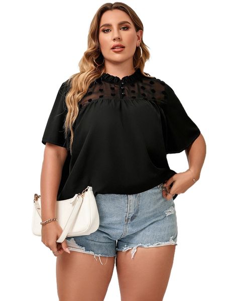 plus contrast swiss dot panel butterfly sleeve blouse d9b0#, Black 
plus contrast swiss dot panel butterfly sleeve blouse d9b0#, Black