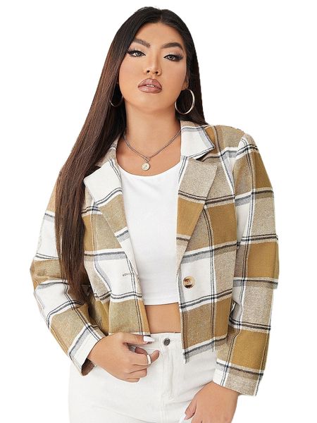 plus plaid print blazer h9af#, Black