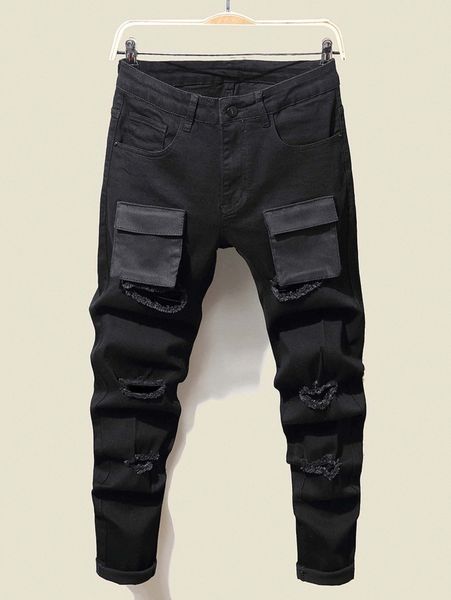 men flap pocket ripped cargo jeans r45m#, Blue 
men flap pocket ripped cargo jeans r45m#, Blue