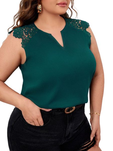 plus contrast eyelet embroidery notched neck blouse f3g1#, Black 
plus contrast eyelet embroidery notched neck blouse f3g1#, Black