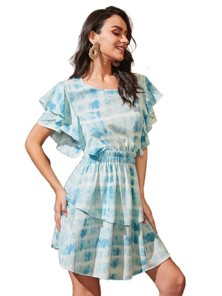 butterfly sleeve tie dye layered dress h9ck#, Black;gray 
butterfly sleeve tie dye layered dress h9ck#, Black;gray