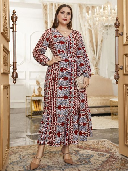 plus geo print lantern sleeve ruffle hem dress g8fs#, Black
plus geo print lantern sleeve ruffle hem dress g8fs#, Black