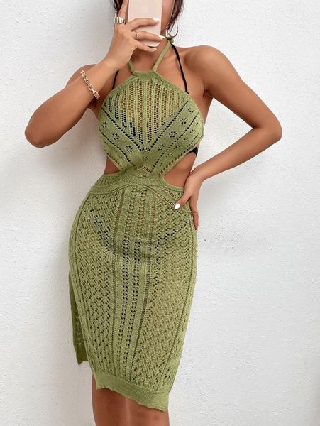 plain slit thigh halter cover up c5dk#, White;black 
plain slit thigh halter cover up c5dk#, White;black