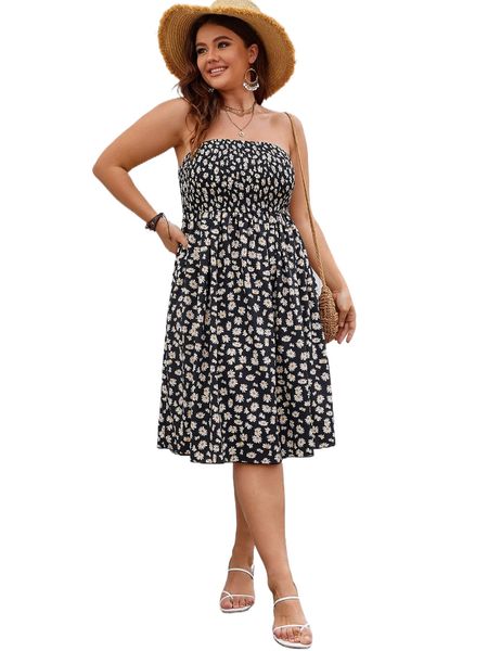 plus floral print shirred tube dress c1fp#, Black