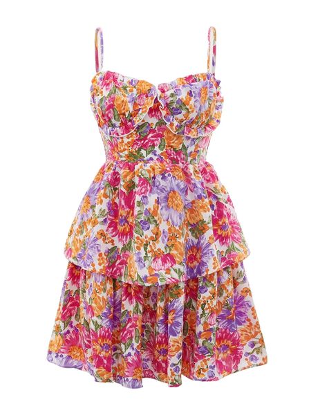 allover floral print frill trim layered cami dress o8p5#, Black;gray