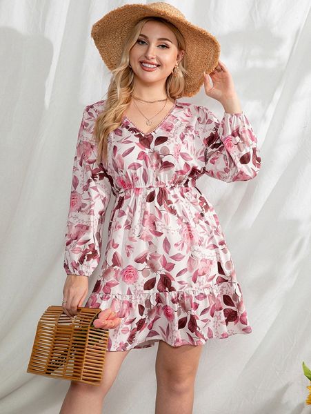 plus floral print guipure lace trim lantern sleeve ruffle hem dress x0ok#, Black
plus floral print guipure lace trim lantern sleeve ruffle hem dress x0ok#, Black