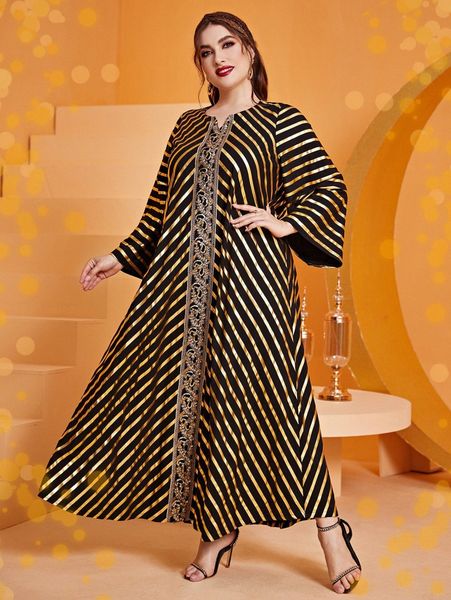 plus gold striped trumpet sleeve notched neck contrast tape tunic dress c8tp#, Black
plus gold striped trumpet sleeve notched neck contrast tape tunic dress c8tp#, Black
