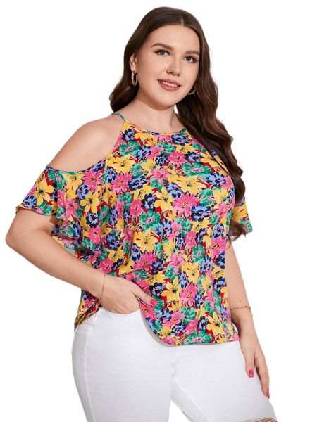 plus allover floral print cold shoulder blouse 00ru#, Black