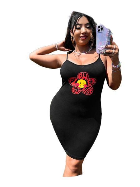 plus cartoon & letter graphic cami dress m8dz#, Black