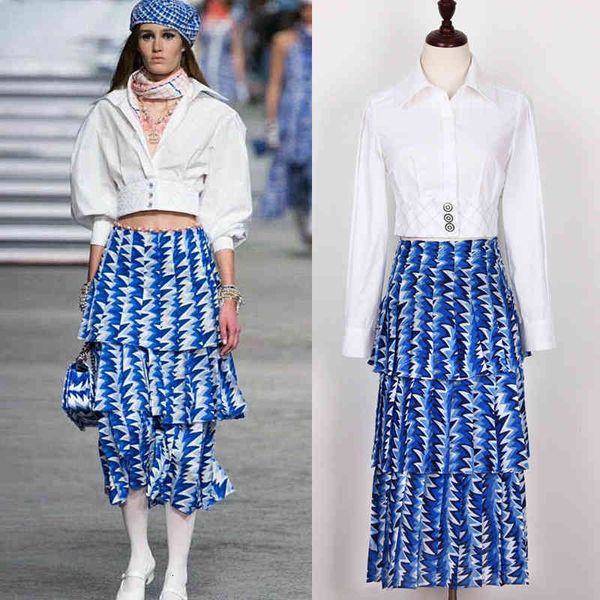 two piece dress spring cotton blouse print pleated cake skirt women's slim suit, White
two piece dress spring cotton blouse print pleated cake skirt women's slim suit, White
