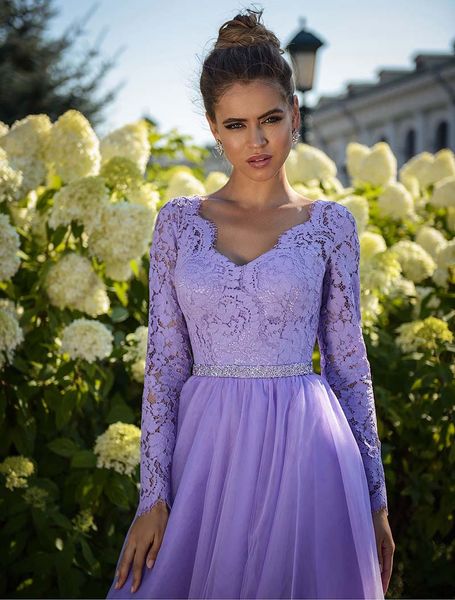 charming lilac lace long sleeve prom party dresses v neckline beaded belt back out evening gowns length robes de soiree, Black
charming lilac lace long sleeve prom party dresses v neckline beaded belt back out evening gowns length robes de soiree, Black