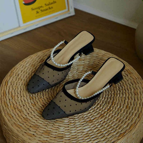 slippers summer french pearl slotted high-heeled muller shoes with pointed mesh fashionable baotou semi slippers vbbb, Black
slippers summer french pearl slotted high-heeled muller shoes with pointed mesh fashionable baotou semi slippers vbbb, Black