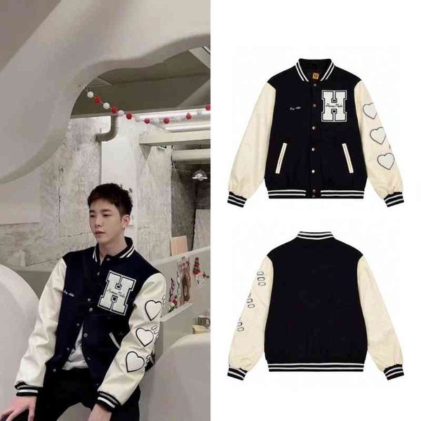 human made woolen patchwork sleeves towel embroidery stickers contrast color baseball jacket large h american men and women, Black;brown
human made woolen patchwork sleeves towel embroidery stickers contrast color baseball jacket large h american men and women, Black;brown