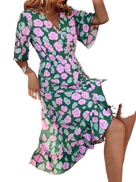 allover floral print overlap collar ruffle hem dress 261c#, Black;gray
allover floral print overlap collar ruffle hem dress 261c#, Black;gray