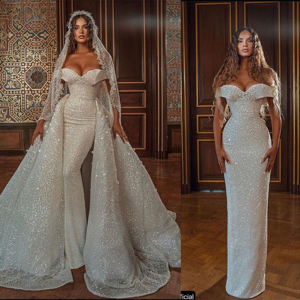 sparkly sequined bohemian mermaid wedding dress off the shoulder illusion bridal gowns tiered beads vestido de noiva detachable train, White
sparkly sequined bohemian mermaid wedding dress off the shoulder illusion bridal gowns tiered beads vestido de noiva detachable train, White
