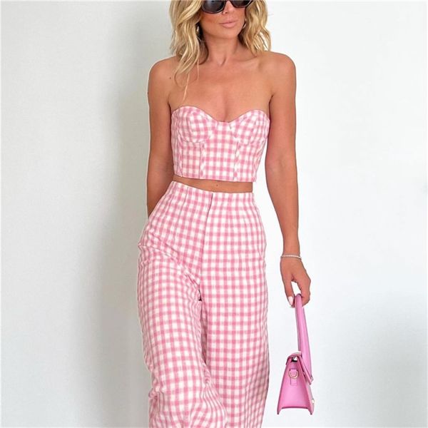 woman elegant pink plaid matching suit spring sweet female cropped strapless set ladies high waisted pants suits 220514, White
woman elegant pink plaid matching suit spring sweet female cropped strapless set ladies high waisted pants suits 220514, White