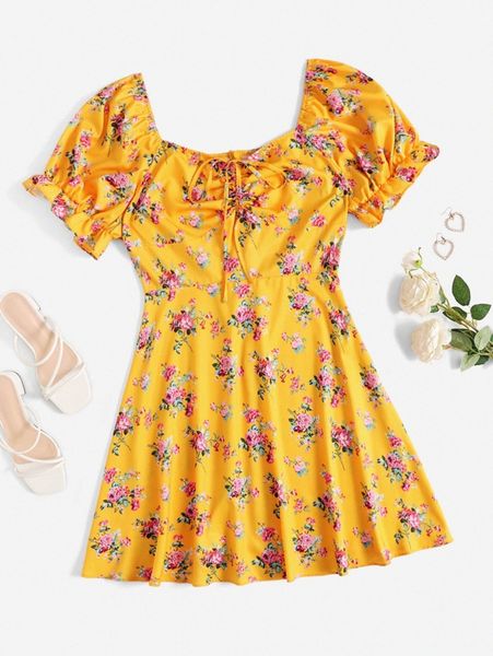 plus sweetheart neck puff sleeve floral dress g9o2#, Black