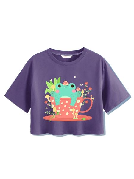 romwe x tkcreates frog print crop tee s6ag#, White 
romwe x tkcreates frog print crop tee s6ag#, White