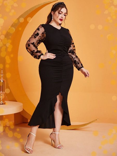 plus contrast mesh puff sleeve asymmetrical mermaid hem ruched dress 620k#, Black
plus contrast mesh puff sleeve asymmetrical mermaid hem ruched dress 620k#, Black