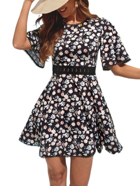 lace insert floral print dress 52ma#, Black;gray 
lace insert floral print dress 52ma#, Black;gray