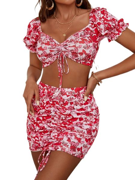 allover print sweetheart neck drawstring front puff sleeve crop & ruched skirt o99o#, White
allover print sweetheart neck drawstring front puff sleeve crop & ruched skirt o99o#, White