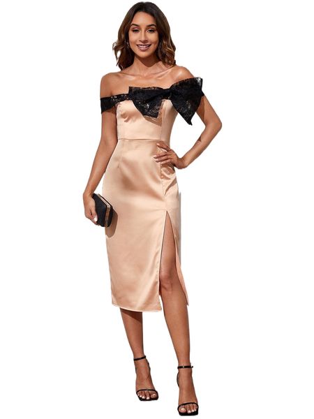 off shoulder contrast lace bow front split hem dress 996e#, Black;gray