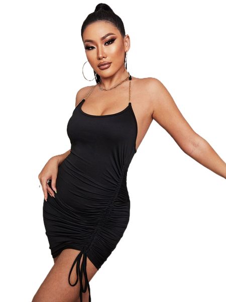 sxy chain halter neck drawstring front backless bodycon dress x1vt#, Black;gray