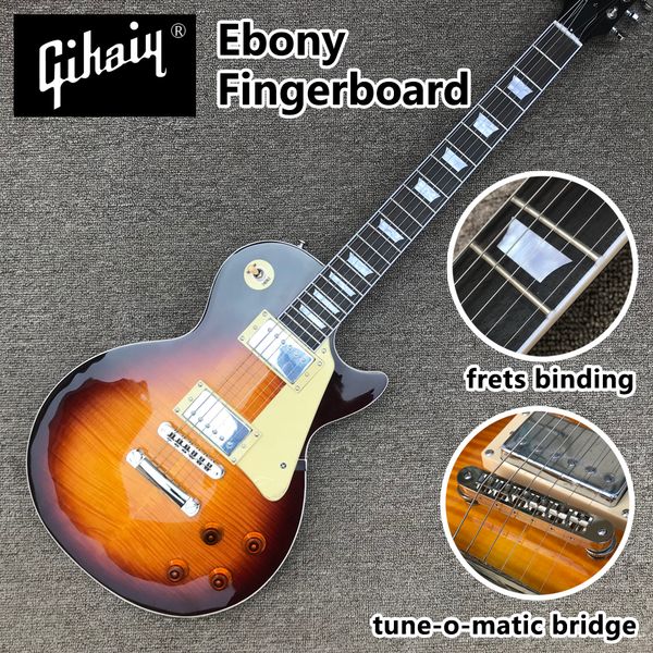 ebony fingerboard electric guitar, chrome hardware, dark sunburst, frets binding, tune-o-matic bridge, solid mahogany body guitar
ebony fingerboard electric guitar, chrome hardware, dark sunburst, frets binding, tune-o-matic bridge, solid mahogany body guitar