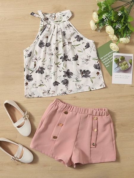 girls floral print halter & shorts she, White
girls floral print halter & shorts she, White