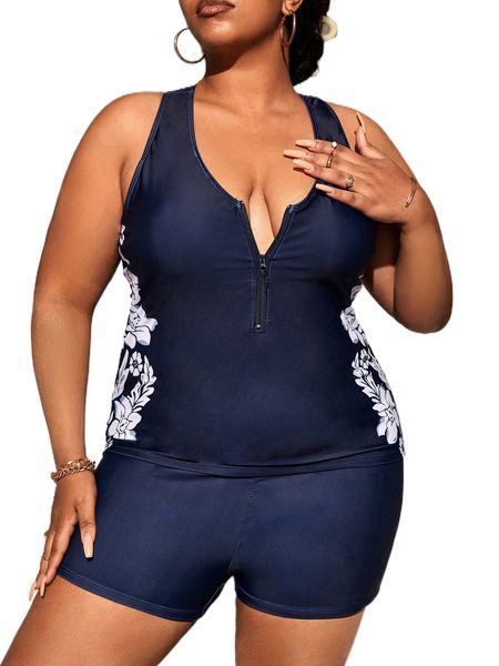 plus floral print half zip racer back bikini swimsuit 67vv#, White;black
plus floral print half zip racer back bikini swimsuit 67vv#, White;black