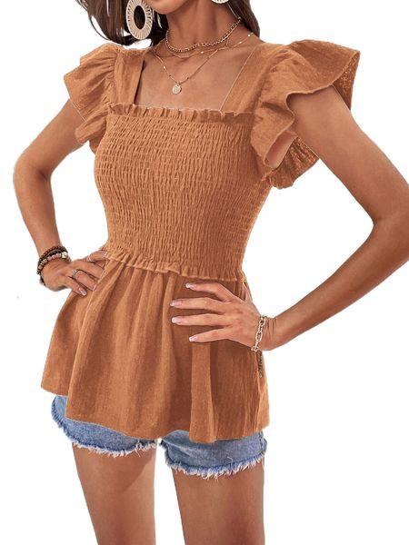 flutter sleeve shirred square neck peplum hem blouse y3rf#, White