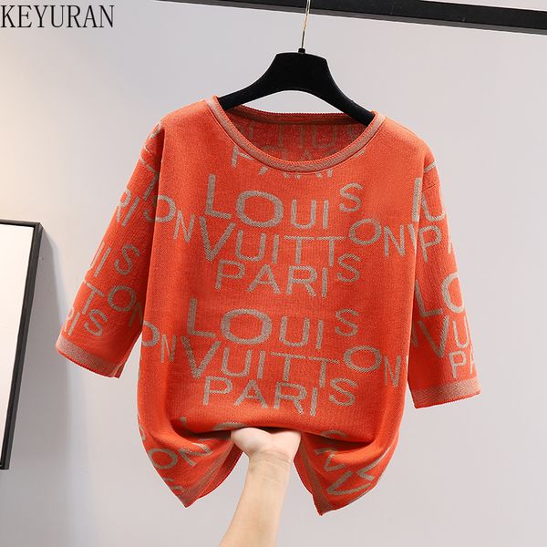 2022 spring summer letter print knitted t-shirt women loose casual o-neck 3/4 sleeve ice silk plus size tees orange black, White;black
2022 spring summer letter print knitted t-shirt women loose casual o-neck 3/4 sleeve ice silk plus size tees orange black, White;black