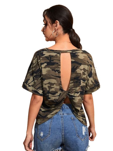 camo print batwing sleeve twist detail tee n1an#, White